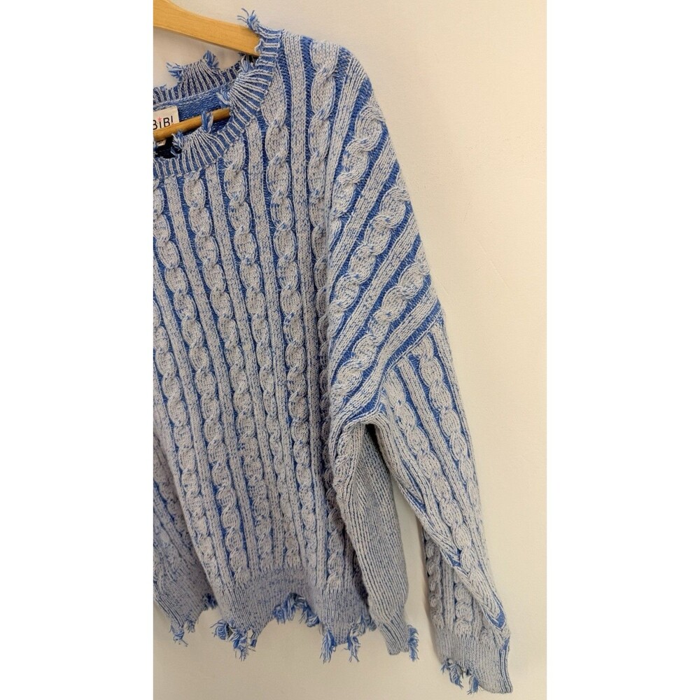 Bibi Women Sweater Size L Cable Knit Long Sleeve Distressed Chunky Blue - Picture 5 of 13